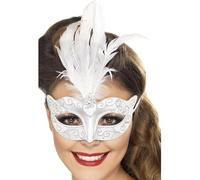 Silver Venetian Glitter Eye Mask With Feathers - glitter venetian eyemask fancy dress ball accessory silver adult smiffys costume masquerade