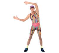 Smiffys Aerobics Instructor Costume, Multi-Coloured with Bodysuit, Hat & Bum Bag, 1990's Fancy Dress, 1990s Dress Up Costumes Halloween