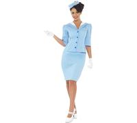 Smiffys Air Hostess Costume, Blue with Jacket and Mock Collar, Hat, Skirt and Gloves, Icons & Idols Fancy Dress, Adult Dress Up Costumes