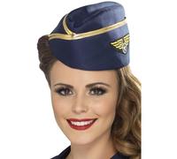 Smiffys Air Hostess Hat, Blue with Gold Rim, Icons & Idols Fancy Dress, Heros Dress Up Hats