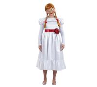 Smiffys Annabelle Costume for Adults, Haunting White Dress with Flower Belt, Officially Licensed Annabelle Doll Costume, Zip-Up Back, Perfect for Halloween, Fancy Dress Parties, and Events