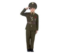 Smiffys Army Officer Costume, Green with Jacket, Belt, Trousers, Hat, Mock Shirt & Tie, Boys Fancy Dress, 1940s Dress Up Costumes