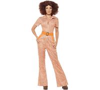 Smiffys Authentic 70s Chic Costume, Orange with Jumpsuit, 1970's Disco Fancy Dre