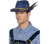 Smiffys Authentic Bavarian Festival Hat, Blue with Feather, Oktoberfest Fancy Dress, Adult Dress Up Hats