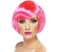 Smiffy's Babe Wig - Neon Pink - wig bob babe neon pink short fancy dress ladies smiffys costume fringe