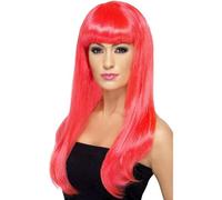 Smiffy's Babelicious Wig Long Straight With Fringe - Neon Pink - babelicious wig fancy dress pink long neon ladies accessory womens straight