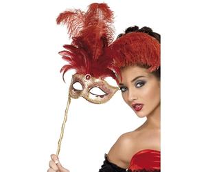 Smiffys Baroque Fantasy Eyemask, Red with Feathers and Handle, Eyemasks Fancy Dress, Adult Dress Up Eye masks
