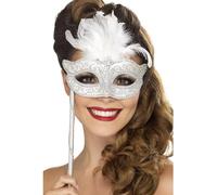 Smiffys Baroque Fantasy Eyemask, Silver with Feathers and Handle, Eyemasks Fancy Dress, Cosmetic Dress Up Eye masks