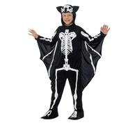 Smiffys Bat Skeleton Costume, Black & White with Hooded Bodysuit & Attached Wings, Halloween Child Fancy Dress, Bat Dress Up Costumes