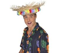 Smiffys Beach Hat, Straw with Flowers, Hawaiian Luau Fancy Dress, Adult Dress Up Hats