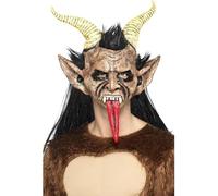 Smiffys Beast / Krampus Demon Mask, Brown Latex, Overhead, with Hair & Horns, Halloween Fancy Dress Accessory, Demon Dress Up Masks