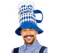 Smiffys Beer Festival Beer Hat, Blue & White Chequered with Handle, Oktoberfest Fancy Dress, Oktoberfest Dress Up Hats