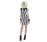 Smiffys Beetlejuice Adult Costume with Jacket Trousers and Tie Black and White Stripes with Writing Down Sleeve Officially Licensed Warner Brothers Halloween Costume Ideal for Family Cosplay