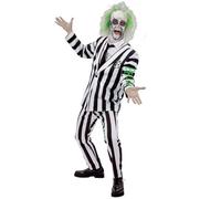 Smiffys Beetlejuice Adult Costume with Shirt Dress Collar Mock Tie and Cuffs Black and White Stripes Purple Zip Up Front Official Warner Brothers Licensed Halloween Costume
