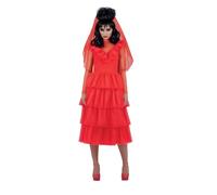 Smiffys Beetlejuice Lydia Bride Adult Costume Mini Dress Veil and Choker in Red Tiered Layered Design Official Warner Brothers Licensed Costume Perfect for Matching Family Fancy Dress