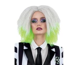 Smiffys Beetlejuice Wig for Adults Wavy Mid-Length Wig with Neon Green and Grey Colours Official Warner Brothers Licensed Wig Ideal for 1980s Halloween Womens Wig, World Book Day