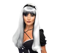 Smiffy's Bewitching Wig – White & Black, Long with Fringe – Halloween Fancy Dress
