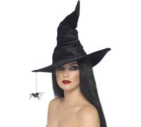 Adult's Witch Hat Black Velour Spider Halloween Fancy Dress Accessory