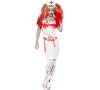 Smiffys Blood Drip Nurse Costume, White Skirt, Corset, Bolero Jacket, Choker and Headpiece, Halloween Zombie Alley Fancy Dress, Adult Dress Up Costumes