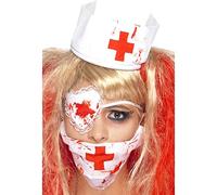Smiffys Bloody Nurse Kit, White with Mask, Headpiece & Eyepatch, Blood Effect, Halloween Zombie Alley Fancy Dress, Nurse Dress Up Accessories