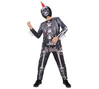 Smiffys Boys Punk Skeleton Costume with Spiked Skull Print All In One and Hooded Mask Halloween Fancy Dress Outfit for Kids, Age7-9