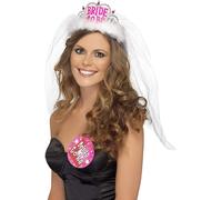 Smiffys, Bride To Be Tiara with Veil with Pink Lettering - White