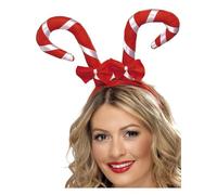 Smiffys Candy Cane Headband, Red & White Christmas Fancy Dress Accessory with Bows - Festive Party Headband for Adults