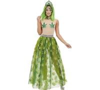 Smiffys Cannabis Queen Costume, Green Sheer Bodysuit, Skirt & Tiara, Funny Fancy Dress, Princess Dress Up Costumes