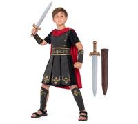 Smiffys Childs Roman Soldier Costume, Sword & Scabbard Set Age 7-14 | Roman soldier costume with black tunic, red cape, gold detailing, arm and leg cuffs, sword and coordinating scabbard.