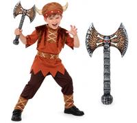 Smiffys Childs Viking Costume, Horned Hat & Skull Axe Set Age 7-14 | Viking warrior costume with jagged-hem top, trousers, boot covers, horned soft hat and 33cm skull axe accessory.