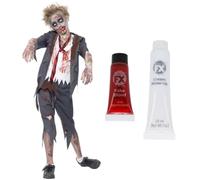 Smiffys Childs Zombie School Boy Costume Fake Blood Face Paint Age 4-14 | Zombie school boy outfit with distressed uniform, 10ml fake blood and 28ml white face paint for Halloween.