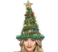 Smiffys Christmas Tree Hat, Green - Funny Festive Novelty Hat with Star, Tinsel and Pom Pom Baubles, Adult Christmas Fancy Dress Accessory for Parties, Work Events and Holiday Celebrations