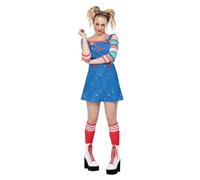 Smiffys Chucky Costume for Adults, Pinafore Mini Dress and Top, Officially Licensed, Off-the-Shoulder Striped Top, Ideal for Halloween and Matching Family or Pet Fancy Dress