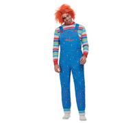 Smiffys Chucky Costume in Blue for Adults, Top and Printed Dungarees, Officially Licensed, Striped Top with Colour Block Cuffs, Perfect for Halloween and Matching Pet Costumes