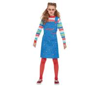 Smiffys Chucky Costume in Blue for Kids, Dress and Top, Officially Licensed, Blue Dungaree Dress and Striped Top with Colour Block Cuffs, Ideal for Halloween and Matching Costumes