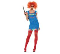 Smiffys Chucky Sexy Costume in Blue Top and Printed Dungarees, Officially Licens