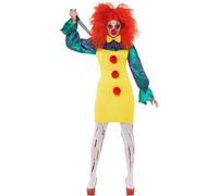 Smiffys Classic Horror Clown Lady Costume, Multi-Coloured with Dress, Neck Ruffle & Nose, Halloween Cirque Sinister Fancy Dress, Clown Dress Up Costumes