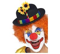 Smiffys Clown Bowler, Black with Multi Colour Band & Flower, Circus Fancy Dress, Clown Dress Up Hats Halloween