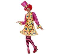 Smiffys Clown Lady Costume, Multi-Coloured Hooped Dress, Shirt, Bow Tie, Stripy Tights, Hat, Funny Fancy Dress, Clown Dress Up Costumes