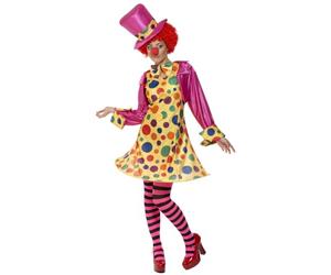 Smiffys Clown Lady Costume, Multi-Coloured Hooped Dress, Shirt, Bow Tie, Stripy Tights, Hat, Funny Fancy Dress, Clown Dress Up Costumes