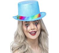 Smiffys Clown Top Hat, Pearlised Blue with Rainbow Band, Halloween Cirque Sinister Fancy Dress, Clown Dress Up Hats