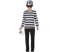 Smiffys Convict Costume, Black & White Top, Trousers, Eyemask, Hat & Swag Bag, Boys Fancy Dress, Child Dress Up Costumes