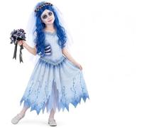 Smiffys Corpse Bride Emily Costume Dress Veil & Wig Set Age 4-12 | Official Emily costume with pale blue gothic wedding dress, floral headband veil and long wavy blue character wig.