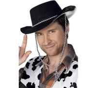 Smiffys Cowboy Hat, Flocked Plastic, Black with Cord, Cowboys and Indians Fancy Dress, Cowboy Dress Up Hats