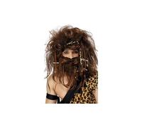 Smiffys Crazy Caveman Set, Brown with Wig, Beard, Headband, Bones & Braids, Cavemen & Women Fancy Dress, Caveman Dress Up Wigs