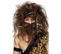 Smiffys Crazy Caveman Set, Brown with Wig, Beard, Headband, Bones & Braids, Cavemen & Women Fancy Dress, Caveman Dress Up Wigs Halloween
