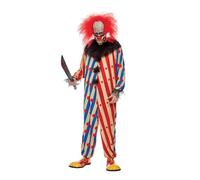 Smiffys Creepy Clown Costume, Red & Blue All In One, Neck Ruffle & Mask, Halloween Adult Fancy Dress, Clown Dress Up Costumes
