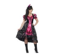 Smiffys Curves Sassy Saloon Costume, Pink with Dress & Feather Hairclip, Cowboys and Indians Fancy Dress, Western Dress Up Costumes