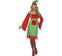 Smiffys Cute Elf Costume, Red & Green with Dress, Apron & Hat, Christmas Adult Fancy Dress, Elf Dress Up Costumes