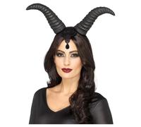 Demonic Queen Horns, On Headband, Black, With Lace - Dem Horns Black Large - demon queen horns black large headpiece gothic halloween fancy dress